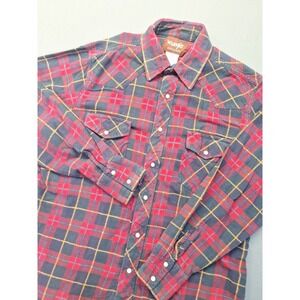 Vintage Wrangler Western Shirt Mens Large Red Plaid Pearl Snap Outdoor Chore
